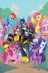 Size: 755x1147 | Tagged: safe, artist:andrew griffith, idw, applejack, fluttershy, pinkie pie, rainbow dash, rarity, twilight sparkle, alicorn, earth pony, pegasus, pony, unicorn, g4, autobot, bumblebee (transformers), cancelled, cloud, epic in hindsight, female, hilarious in hindsight, jazz, mane six, mare, optimus prime, ponyville, transformers, twilight sparkle (alicorn), unreleased, what could have been, what will be