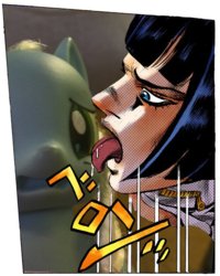 Size: 505x630 | Tagged: safe, human, pony, bruno buccellati, concerned pony, human and pony, jojo's bizarre adventure, licking, meme, tongue out, toy