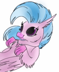 Size: 979x1200 | Tagged: source needed, safe, artist:zigragirl, silverstream, classical hippogriff, hippogriff, g4, beak, cheek fluff, chest fluff, claws, cute, diastreamies, dilated pupils, ear fluff, female, fluffy, folded wings, jewelry, leg fluff, looking at something, looking up, necklace, needs more jpeg, on back, simple background, smiling, solo, traditional art, white background