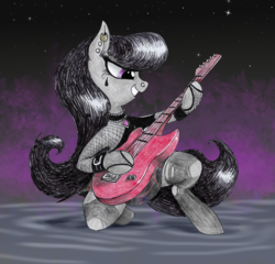 Size: 1200x1154 | Tagged: safe, artist:t72b, derpibooru exclusive, octavia melody, earth pony, pony, g4, abstract background, bipedal, choker, clothes, ear piercing, electric guitar, female, fishnet stockings, goth, grin, guitar, hoof hold, jewelry, kneeling, mare, musical instrument, piercing, plaid skirt, rock (music), rocktavia, skirt, smiling, solo, stockings, thigh highs, traditional art