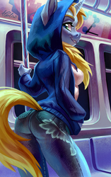 Size: 1560x2480 | Tagged: safe, artist:holivi, oc, oc only, oc:art's desire, unicorn, anthro, akali, anthro oc, ass, butt, clothes, commission, female, hoodie, jacket, k-pop, k/da, league of legends, looking back, mare, pants, smiling, train, video game crossover