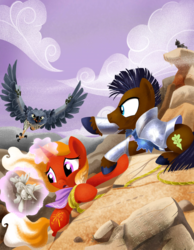 Size: 1230x1589 | Tagged: safe, firebrand, strong oak, thrilly filly, bird, earth pony, pegasus, pony, unicorn, g4, my little pony: tails of equestria, armor, book cover, cliff, cover, female, filly, frown, glare, harpy eagle, hat, holding hooves, levitation, looking back, magic, male, mare, mountain, neckerchief, open mouth, petrification, pointing, rope, scar, spread wings, stallion, statue, stone, telekinesis, turned to stone, unshorn fetlocks, wide eyes, wings, worried