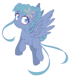 Size: 600x660 | Tagged: safe, artist:sinamuna, oc, oc only, oc:maya(aika-nee), pegasus, pony, art trade, blue eyes, blue hair, blushing, female, flower, flying, ponified oc, purple body, simple background, smiling, solo, teal hair, transparent background, wings