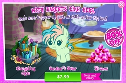 Size: 1155x760 | Tagged: safe, gameloft, coral currents, earth pony, pony, g4, the hearth's warming club, advertisement, baby, baby pony, costs real money, female, filly, game, game screencap, gem, implied sandbar, introduction card, present, sale