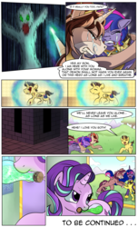 Size: 1800x2968 | Tagged: safe, artist:candyclumsy, starlight glimmer, oc, oc:king speedy hooves, oc:queen galaxia (bigonionbean), oc:tommy the human, alicorn, pony, comic:fusing the fusions, comic:of gaurdians and nightmares, g4, alicorn oc, comic, commissioner:bigonionbean, crying, daydream, dream, embracing, family, father and son, female, foal, fusion, fusion:big macintosh, fusion:flash sentry, fusion:princess cadance, fusion:princess celestia, fusion:princess luna, fusion:shining armor, fusion:trouble shoes, fusion:twilight sparkle, group hug, happy, happy ending, healing, herd, hug, human oc, lying down, magic, male, mother and son, mouth hold, potion, prancing, to be continued, writer:bigonionbean