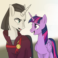 Size: 2400x2400 | Tagged: artist needed, safe, chancellor neighsay, twilight sparkle, alicorn, pony, unicorn, g4, female, folded wings, high res, horn, looking at each other, male, mare, medallion, neighsparkle, open mouth, shipping, shipping fuel, smiling, stallion, standing, straight, twilight sparkle (alicorn), wings