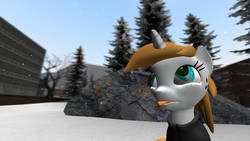 Size: 1280x720 | Tagged: safe, artist:sevenxninja, oc, oc only, oc:love biscuit, pony, unicorn, 3d, building, catching snowflakes, clothes, gmod, hoodie, rock, snow, snowfall, tongue out, tree