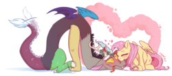 Size: 5845x2587 | Tagged: safe, artist:zlayd-oodles, discord, fluttershy, draconequus, pegasus, pony, g4, behaving like a dog, blushing, cute, discute, eyes closed, female, heart, heart eyes, holly, male, mare, mistletoe, ship:discoshy, shipping, shyabetes, simple background, smiling, straight, tail wag, tongue out, white background, wingding eyes