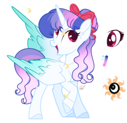 Size: 1808x1748 | Tagged: safe, artist:x-dainichi-x, oc, oc only, oc:sunshine moonfield, alicorn, pony, alicorn oc, base used, bow, bracelet, female, hair bow, jewelry, large wings, looking up, magical lesbian spawn, mare, necklace, offspring, open mouth, parent:rainbow dash, parent:twilight sparkle, parents:twidash, reference sheet, simple background, smiling, solo, transparent background, two toned wings, wings