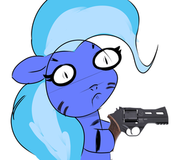 Size: 1101x1024 | Tagged: safe, edit, oc, oc:blue stripes, zebra, :t, bipedal, chiappa rhino, female, floppy ears, frown, gun, handgun, hoof hold, mare, revolver, simple background, stripes, weapon, white background, wide eyes