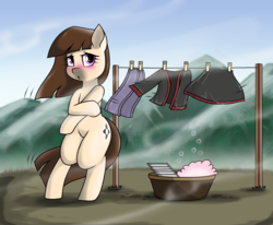 Size: 1836x1512 | Tagged: safe, artist:pencil bolt, oc, oc:karena, earth pony, pony, bipedal, blushing, clothes, clothes line, cold, covering, female, implied nudity, miao, mountain, scenery, we don't normally wear clothes, wind
