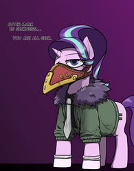 Size: 1240x1590 | Tagged: safe, artist:commissarbu, starlight glimmer, pony, unicorn, g4, clothes, crossover, dialogue, equal cutie mark, female, jacket, mask, my hero academia, necktie, overhaul, plague doctor, plague doctor mask, solo
