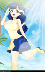 Size: 632x1000 | Tagged: safe, artist:clouddg, oc, oc only, human, beach, boots, clothes, cute, ear piercing, female, humanized, looking at you, miniskirt, not luna, open mouth, piercing, shoes, skirt, sky, tree, water