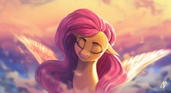 Size: 1440x781 | Tagged: safe, artist:moondreamer16, fluttershy, pegasus, pony, g4, eyes closed, female, floppy ears, head tilt, mare, sky, solo, spread wings, wings