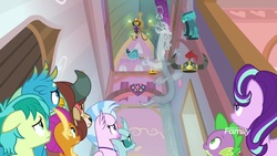 Size: 1920x1080 | Tagged: safe, screencap, discord, gallus, ocellus, sandbar, silverstream, smolder, spike, starlight glimmer, yona, ghost, a matter of principals, g4, amulet, amulet of aurora, clover the clever's cloak, crown, crown of grover, ghost discord, helm of yickslur, helmet, jewelry, knuckerbocker's shell, regalia, shell, student six, talisman of mirage