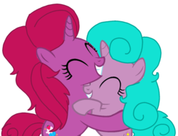Size: 1408x1080 | Tagged: safe, artist:徐詩珮, oc, oc:berrytwist star, oc:betty pop, pony, unicorn, eyes closed, female, filly, hug, magical lesbian spawn, mare, offspring, parent:glitter drops, parent:tempest shadow, parents:glittershadow, siblings, simple background, sisters, transparent background