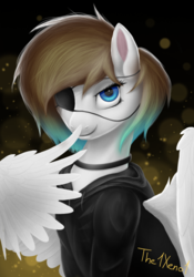 Size: 700x1000 | Tagged: safe, artist:the1xeno1, oc, oc only, pegasus, pony, boop, clothes, eyepatch, female, hoodie, looking at you, smiling, sweater