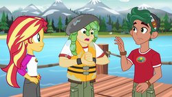 Size: 1920x1080 | Tagged: safe, screencap, sandalwood, sunset shimmer, timber spruce, equestria girls, g4, my little pony equestria girls: legend of everfree, camp everfree outfits, clothes, female, forest, lake, lifejacket, male, mountain, mountain range, pier, shorts, water