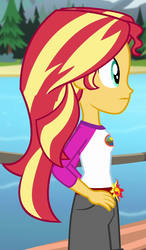 Size: 544x930 | Tagged: safe, screencap, sunset shimmer, equestria girls, g4, my little pony equestria girls: legend of everfree, cropped, female, lake, pier, solo, water