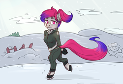 Size: 1544x1047 | Tagged: safe, artist:haruhi-il, oc, oc only, oc:kelli, earth pony, anthro, anthro oc, arm hooves, clothes, coat, female, ice skating, mare, solo