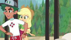 Size: 1920x1080 | Tagged: safe, screencap, applejack, timber spruce, equestria girls, equestria girls series, g4, turf war, applejack's hat, arms, cap, clothes, cowboy hat, female, hat, lifeguard, lifeguard applejack, lifeguard timber, male, shorts