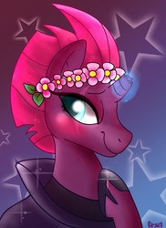 Size: 931x1280 | Tagged: safe, artist:therainbowtroll, tempest shadow, pony, unicorn, g4, abstract background, blushing, broken horn, cute, eye scar, female, floral head wreath, flower, flower in hair, horn, magic, mare, scar, smiling, solo, stars
