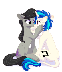 Size: 3582x4133 | Tagged: safe, artist:yaco, dj pon-3, octavia melody, vinyl scratch, earth pony, pony, unicorn, g4, eye contact, female, leonine tail, lesbian, looking at each other, mare, ship:scratchtavia, shipping, simple background, smiling, white background