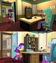 Size: 1600x1800 | Tagged: safe, artist:sketchmcreations, princess celestia, principal celestia, twilight sparkle, equestria girls, g4, my little pony equestria girls, 3d, bowing, celestia's office, comparison, gmod, office, scene interpretation