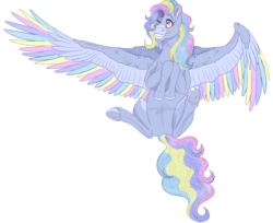 Size: 1330x1086 | Tagged: safe, artist:bijutsuyoukai, oc, oc only, pegasus, pony, colored wings, female, mare, multicolored wings, one eye closed, simple background, solo, spread wings, transparent background, wings, wink