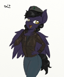 Size: 1000x1200 | Tagged: safe, artist:achmeddb, oc, oc only, oc:mir, pegasus, anthro, anthro oc, beret, bomber jacket, clothes, female, hat, haughty, jacket, laughing, posh, solo, sophisticated as hell