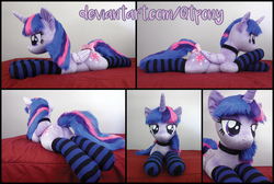 Size: 4429x2979 | Tagged: safe, artist:qtpony, twilight sparkle, alicorn, pony, g4, bow, butt, clothes, folded wings, horn, irl, lidded eyes, photo, plot, plushie, prone, socks, solo, striped socks, tail bow, twilight sparkle (alicorn), wings