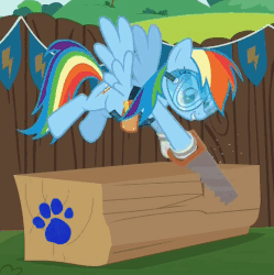Size: 557x560 | Tagged: safe, edit, edited screencap, screencap, rainbow dash, pony, g4, the cart before the ponies, animated, blue's clues, crosscut saw, female, gif, goggles, loop, paw print, safety goggles, saw, solo, wood