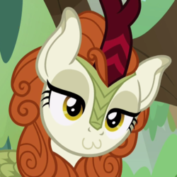 Size: 1080x1080 | Tagged: safe, autumn blaze, kirin, g4, sounds of silence, :3, bust, female, forest background, mare, portrait, scales, smiling, solo