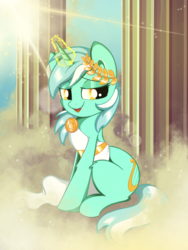 Size: 3000x4000 | Tagged: safe, artist:saralien, lyra heartstrings, pony, unicorn, g4, clothes, cloud, crepuscular rays, cute, dionysus, dress, female, glowing horn, goddess, greek, high res, horn, laurel wreath, leg fluff, looking at you, lyrabetes, mare, open mouth, pillar, sitting, sky, solo, sunlight, toga