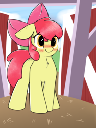 Size: 1958x2608 | Tagged: safe, artist:wholesomedoe, apple bloom, earth pony, pony, g4, adorabloom, blushing, bow, cute, female, filly, hair bow, smiling, solo