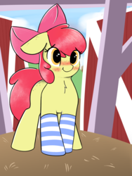 Size: 1958x2608 | Tagged: safe, artist:wholesomedoe, apple bloom, earth pony, pony, g4, adorabloom, blushing, bow, clothes, cute, female, filly, hair bow, shy, socks, solo, striped socks