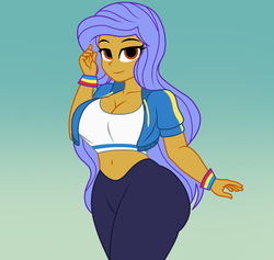 Size: 1900x1800 | Tagged: dead source, safe, artist:mashoart, oc, oc only, oc:cocoa lavender, equestria girls, equestria girls series, big breasts, breasts, cleavage, clothes, clothes swap, equestria girls-ified, female, no catchlights, pants, request, solo