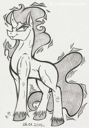 Size: 1618x2338 | Tagged: safe, artist:rossmaniteanzu, king sombra, pony, g4, male, monochrome, pencil drawing, scar, simple background, solo, standing, traditional art, unshorn fetlocks, white background