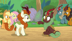 Size: 640x360 | Tagged: safe, derpibooru exclusive, edit, edited screencap, editor:tape quintus, screencap, applejack, autumn blaze, cinder glow, fluttershy, pumpkin smoke, sparkling brook, summer flare, earth pony, kirin, pegasus, pony, sounds of silence, animated, background kirin, eye contact, female, flailing, flapping, flying, frown, gif, i can't believe it's not superedit, i must go, leg fluff, lidded eyes, looking at each other, looking down, looking up, mare, sad, wat, wide eyes
