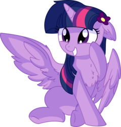 Size: 5953x6217 | Tagged: safe, artist:aureai-sketches, artist:cyanlightning, twilight sparkle, alicorn, pony, g4, .svg available, absurd resolution, adorkable, chest fluff, cute, dork, ear fluff, female, floppy ears, flower, flower in hair, happy, mare, simple background, sitting, smiling, solo, spread wings, squee, transparent background, twiabetes, twilight sparkle (alicorn), underhoof, vector, wings