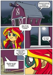 Size: 905x1280 | Tagged: safe, artist:rex-equinox, sunset shimmer, were-pony, comic:neighing after sunset, equestria girls, applejack's barn, barn, comic, human to horse, solo, transformation, werehorse