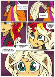 Size: 905x1280 | Tagged: safe, artist:rex-equinox, sunset shimmer, were-pony, comic:neighing after sunset, equestria girls, g4, applejack's barn, aroused, barn, blushing, clothes, comic, human to horse, imminent sex, shocked, skirt, solo, sunset shimmer's skirt, transformation, unwilling transformation, werehorse, white hair
