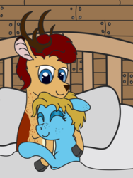 Size: 768x1024 | Tagged: safe, artist:lucid_mane, oc, oc:stoutbook, oc:tonality, deer, earth pony, fordeer, original species, pony, antlers, back freckles, bed, bedroom eyes, cloven hooves, couple, deer oc, eyes closed, female, floppy ears, freckles, interspecies, male, mare, non-pony oc, oc x oc, pillow, shipping, smiling, snuggling, straight, wooden walls