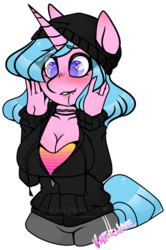 Size: 1869x2823 | Tagged: safe, artist:nekomellow, oc, oc only, oc:vaporwave, unicorn, anthro, big breasts, breasts, cleavage, clothes, cute, drool, female, solo, sweater