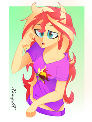 Size: 2448x3264 | Tagged: safe, artist:xan-gelx, sunset shimmer, equestria girls, g4, clothes, cutie mark on clothes, female, high res, messy hair, open mouth, pajamas, shirt, solo, waking up