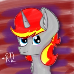 Size: 768x768 | Tagged: safe, artist:rubydeluxe, derpibooru exclusive, oc, oc only, oc:rd, pony, airbrush, blue eyes, blushing, bust, colored, colored background, digital art, ear fluff, horn, looking at you, male, neck fluff, signature