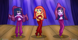 Size: 6000x3090 | Tagged: safe, artist:dieart77, sci-twi, sunset shimmer, twilight sparkle, equestria girls, g4, absurd resolution, armpits, belly button, belly dancer, belly dancer outfit, clothes, commission, female, hand on hip, harem outfit, midriff, pants, performance, self paradox, smiling, stage, trio, trio female