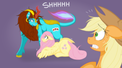 Size: 1920x1080 | Tagged: safe, artist:pimpartist101, applejack, fluttershy, oc, oc:ilovekimpossiblealot, earth pony, kirin, pegasus, pony, g4, angry, applejack's hat, cowboy hat, ears back, female, hat, kirin oc, mare, purple background, scared, simple background, sweat