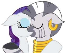 Size: 2620x2128 | Tagged: safe, artist:diamond-chiva, rarity, zecora, pony, unicorn, zebra, g4, ear piercing, earring, eyes closed, eyeshadow, female, high res, hug, interspecies, jewelry, kiss on the lips, kissing, lesbian, makeup, mare, neck rings, piercing, raricora, shipping, simple background, transparent background