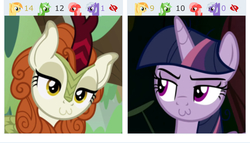 Size: 734x420 | Tagged: safe, edit, edited screencap, screencap, autumn blaze, mean twilight sparkle, alicorn, kirin, pony, derpibooru, g4, sounds of silence, the mean 6, :3, clone, evil twilight, juxtaposition, looking at each other, meta, shipping fuel, silly